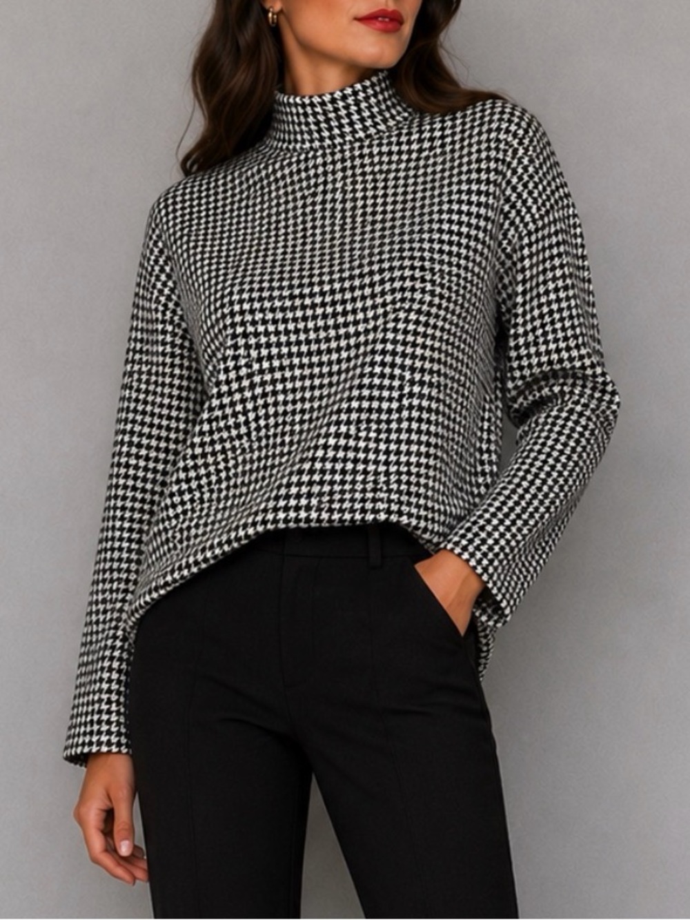 ZARA • Black/Tan Houndstooth Mock Neck Long Sleeve Blouse Top, M